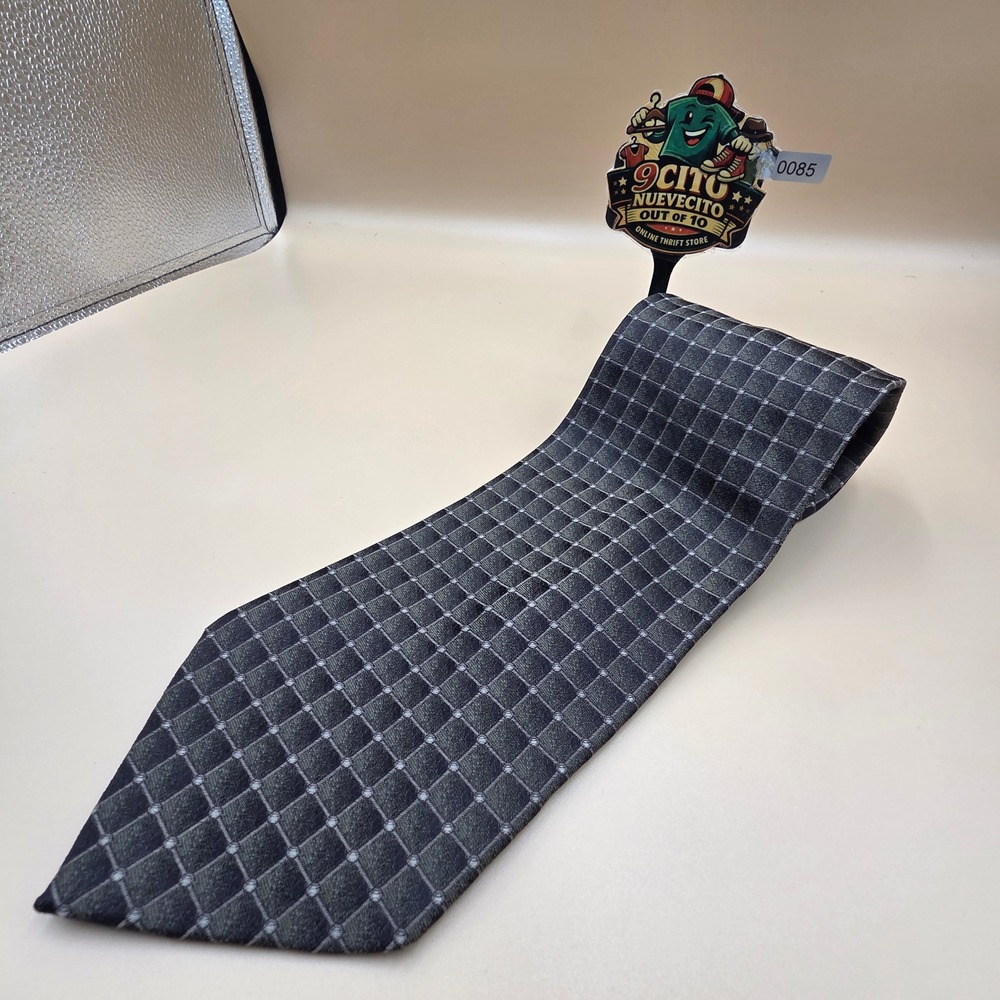 Principe Italy Mens Silk Tie Black Grey Geometric Grid Pattern Professional 3.¾"